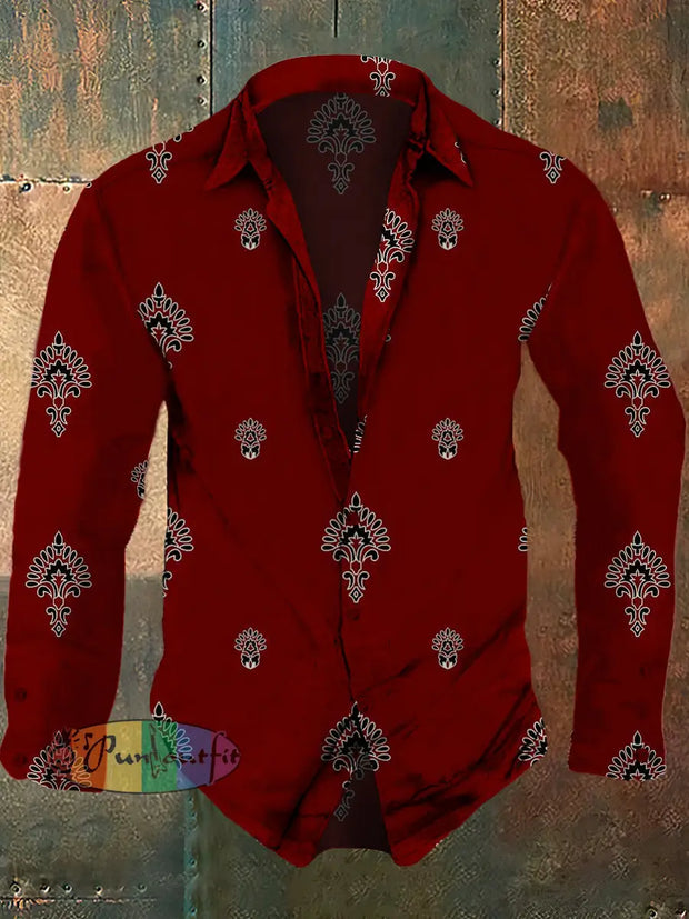 Men’s Retro Ethnic Pattern Printed Casual Fashion Lapel Long Sleeved Shirt Red / S