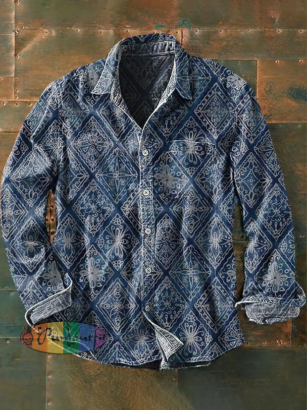 Men’s Retro Ethnic Printed Casual Long Sleeve Lapel Shirt As Picture / S