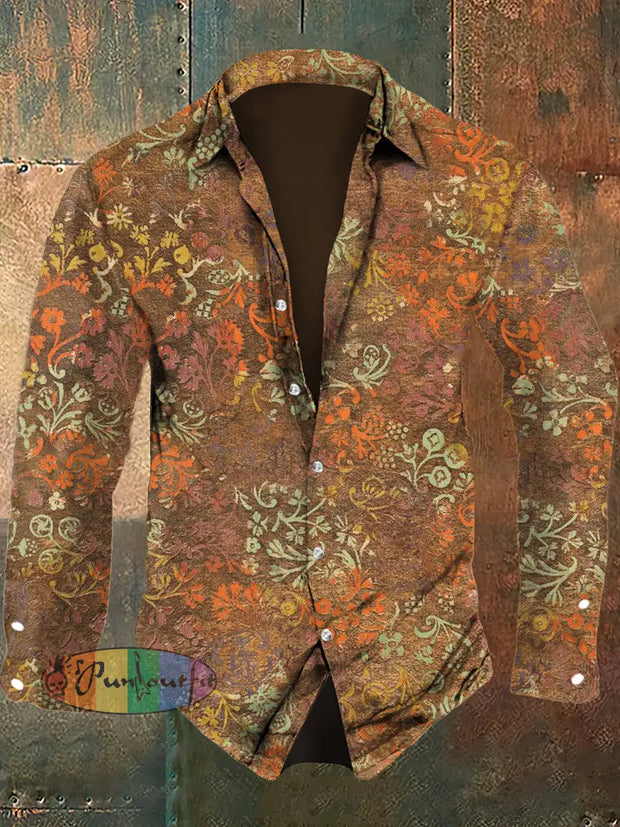 Men’s Retro Floral Pattern Casual Long Sleeve Shirt As Picture / S