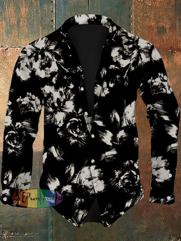 Men’s Retro Floral Pattern Design Printed Casual And Fashionable Lapel Long Sleeved Shirt Black / S