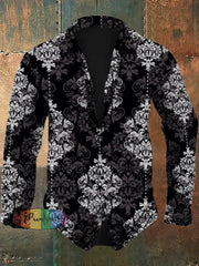 Men’s Retro Floral Pattern Design Printed Casual And Fashionable Lapel Long Sleeved Shirt Black / S