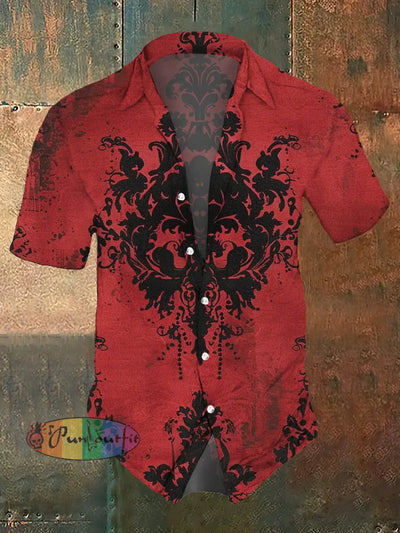 Men’s Retro Floral Print Casual Beach Short Sleeve Shirt Red / S