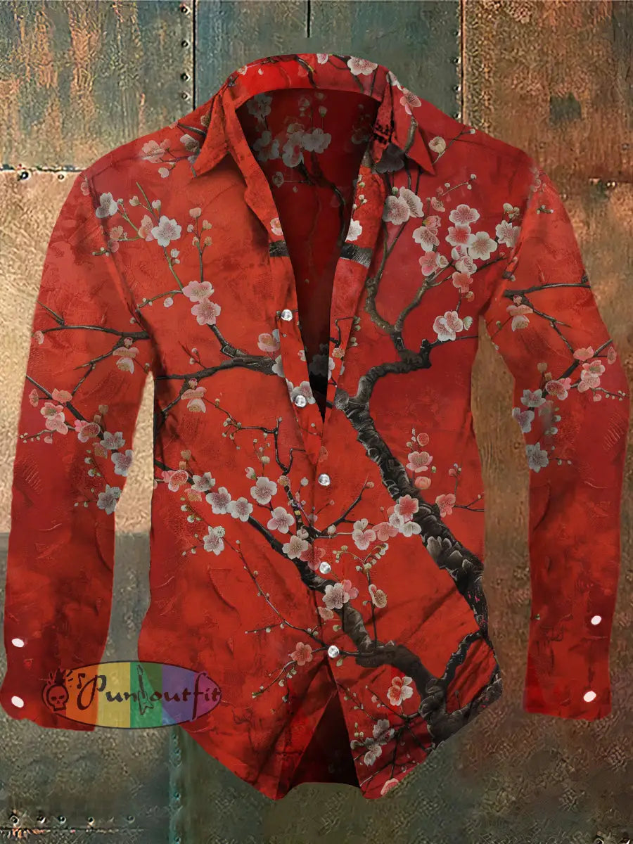 Men’s Retro Floral Print Long Sleeve Shirt Red / S