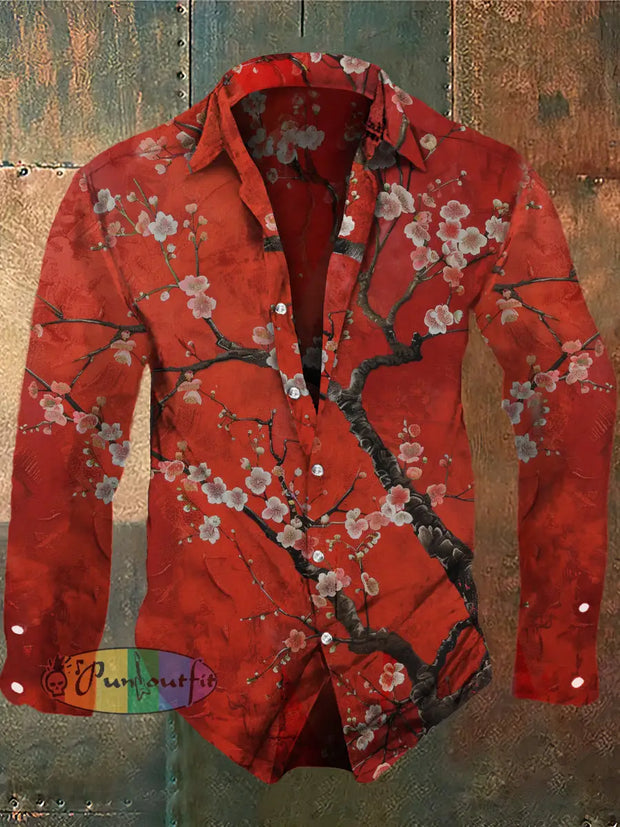 Men’s Retro Floral Print Long Sleeve Shirt Red / S