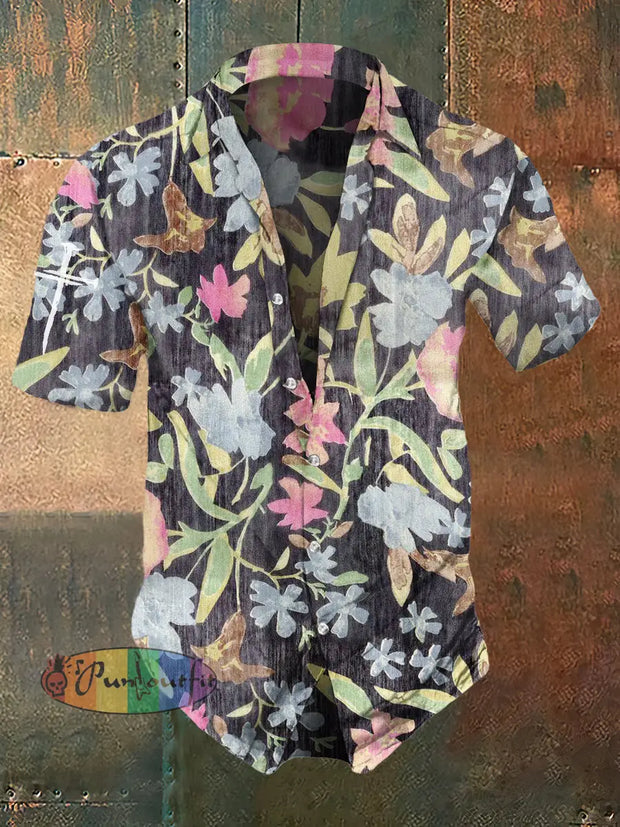 Men’s Retro Floral Print Punk Style Short Sleeve Shirt Colorful / S