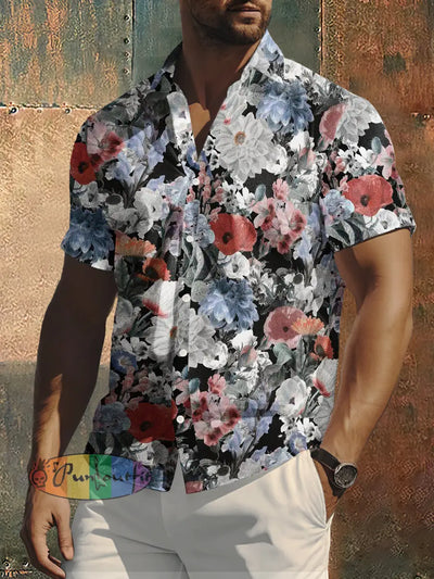 Men’s Retro Floral Print Punk Style Short Sleeve Shirt Colorful / S