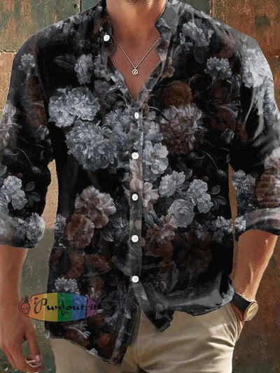 Men’s Retro Flowers Graphic Print Casual Shirt Long Sleeve Black / S