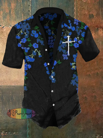 Men’s Retro Flowers Print Punk Style Short Sleeve Shirt Black / S