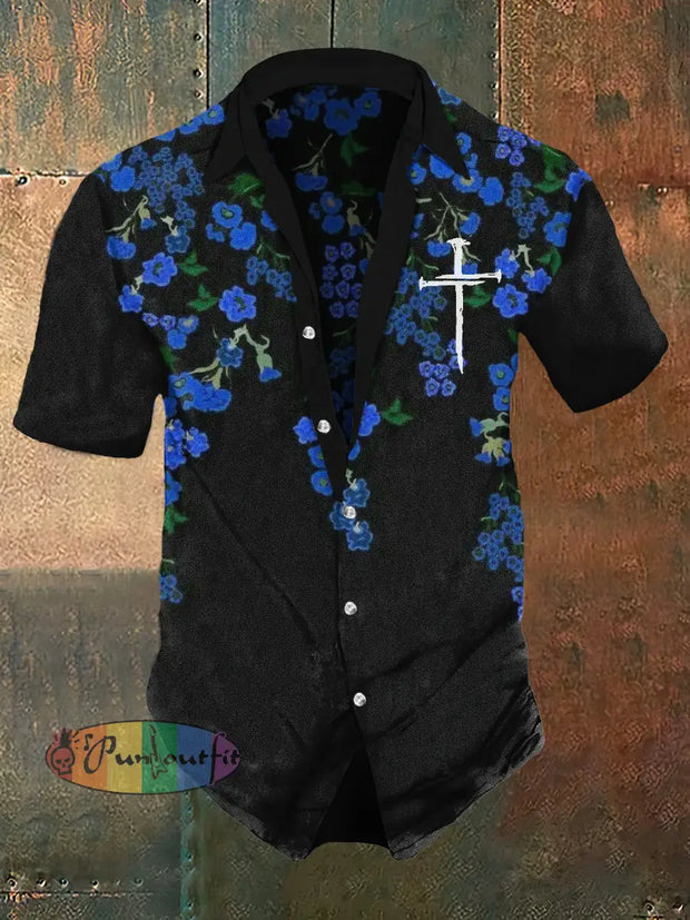 Men’s Retro Flowers Print Punk Style Short Sleeve Shirt Black / S