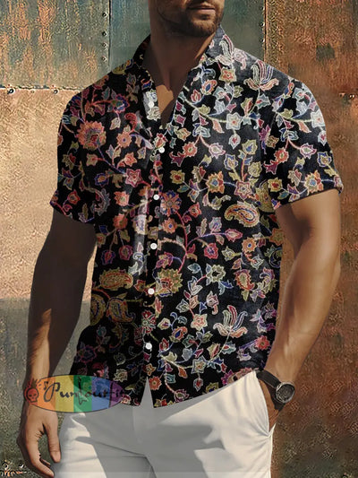 Men’s Retro Flowers Print Punk Style Short Sleeve Shirt Colorful / S