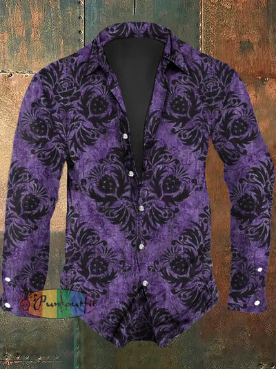 Men’s Retro Graphic Print Casual Shirt Long Sleeve Purple / S