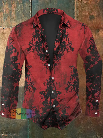 Men’s Retro Graphic Print Casual Shirt Long Sleeve Red / S