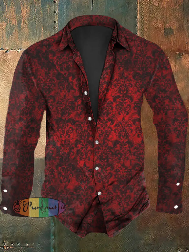 Men’s Retro Graphic Print Casual Shirt Long Sleeve Red / S