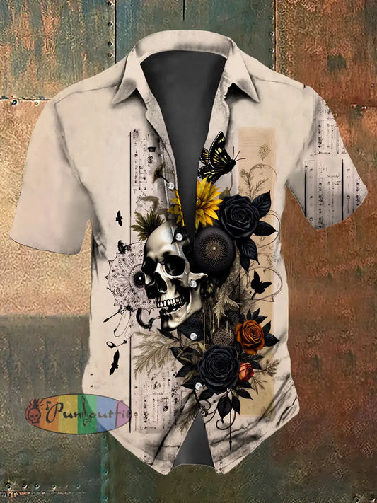 Men’s Retro Halloween Skull Floral Butterfly Abstract Print Casual Cotton Short Sleeve Shirt Apricot / S
