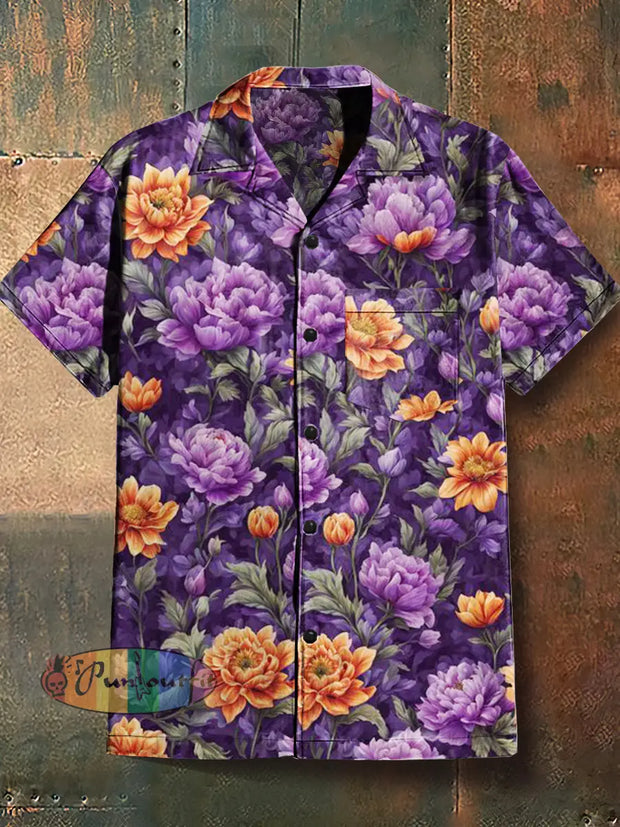 Men’s Retro Hippie Style Flowers Print Cuban Collar Shirt With Short Sleeves Colorful / S