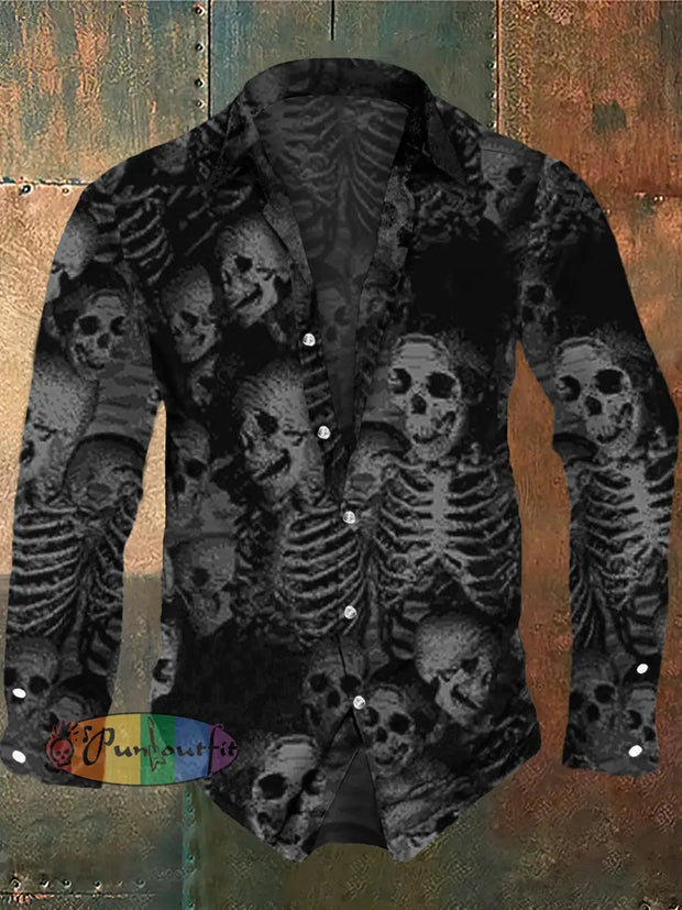 Men’s Retro Horror Skull Print Casual Shirt Long Sleeve Black / S