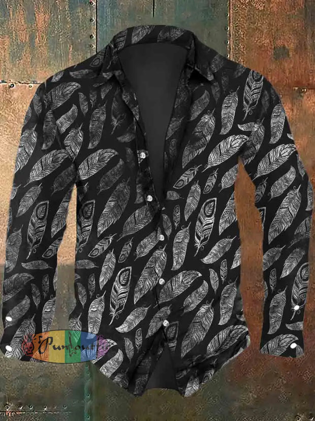 Men’s Retro Leaf Print Casual Long Sleeve Shirt As Picture / S