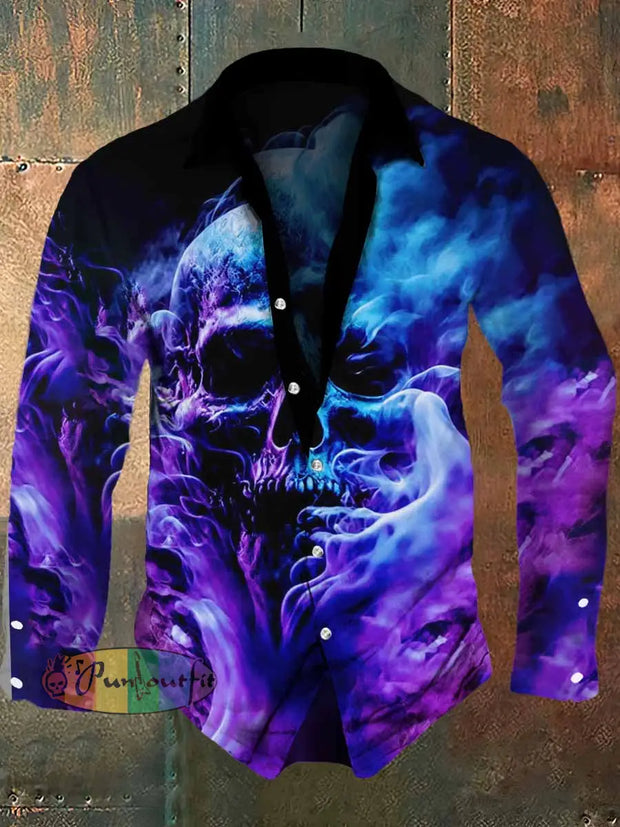 Men’s Retro Magic Skull Print Casual Shirt Long Sleeve Purple / S