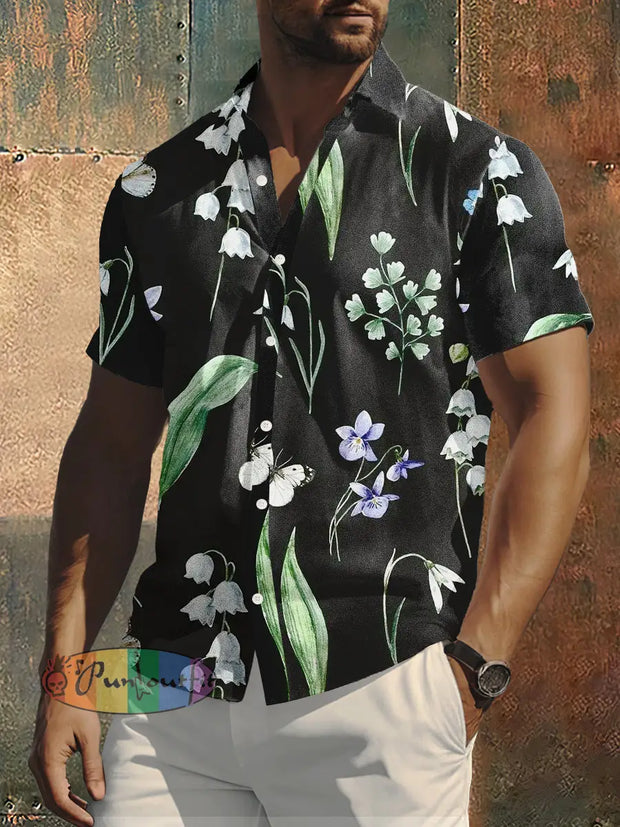 Men’s Retro Narcissus Print Punk Style Short Sleeve Shirt Black / S