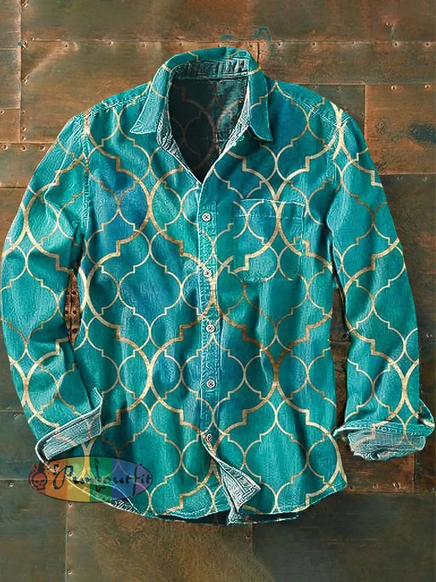 Men’s Retro Pattern Printed Casual Long Sleeve Lapel Shirt As Picture / S