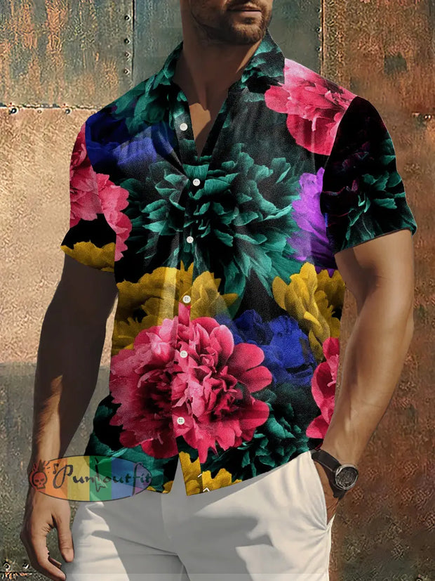 Men’s Retro Peony Flower Print Punk Style Short Sleeve Shirt Colorful / S