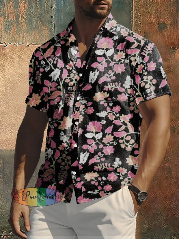 Men’s Retro Plum Bossom Print Punk Style Short Sleeve Shirt Colorful / S