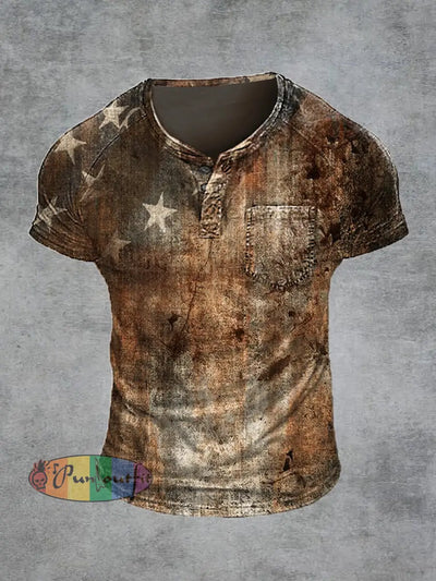 Men’s Retro Print Raglan Short Sleeve Pocket T-Shirt Khaki / S