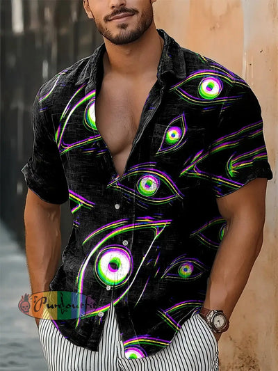 Men’s Retro Punk 3D Eyes Fantasy Abstract Print Casual Cotton Short Sleeve Shirt Black / S