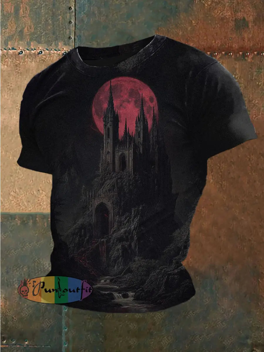 Men’s Retro Punk Dark Castle Moon Abstract Print Casual Cotton Short Sleeve T-Shirt Black / S