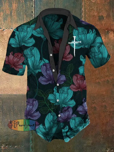 Men’s Retro Punk Floral Print Casual Short Sleeve Shirt Colorful / S