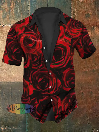 Men’s Retro Red Rose Casual Short Sleeve Shirt / S