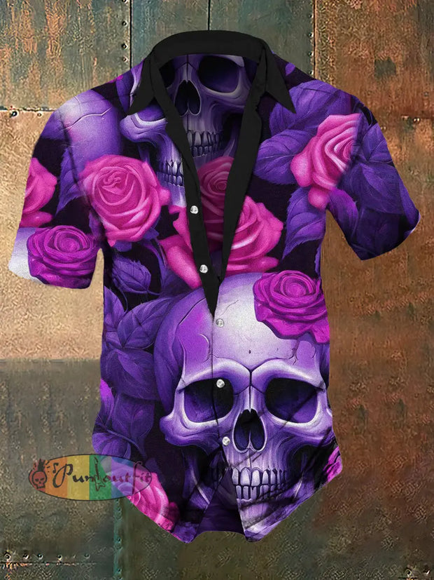 Men’s Retro Rose Skull Short Sleeve Shirt Colorful / S