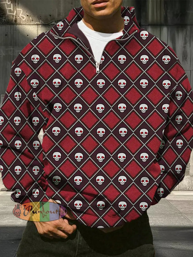 Men’s Retro Skull Continuous Pattern Print Casual And Fashionable Loose Long Sleeved Half Zip