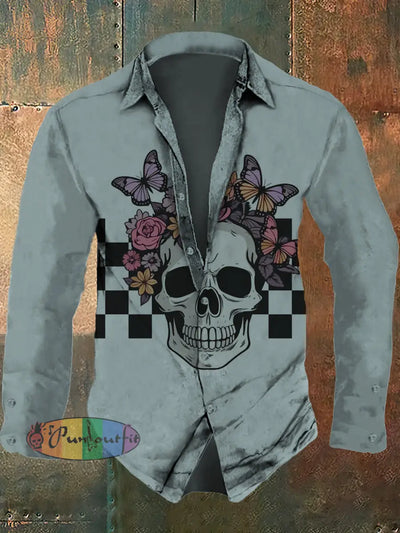 Men’s Retro Skull Flower Pattern Design Printed Casual Fashion Collar Long Sleeve Shirt Light