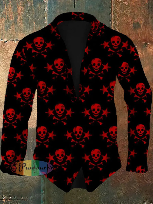 Men’s Retro Skull Pattern Design Printed Casual And Fashionable Lapel Long Sleeved Shirt Black / S