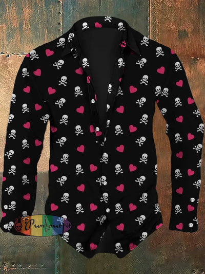 Men’s Retro Skull Pattern Printed Casual Fashion Collar Long Sleeve Shirt Black / S