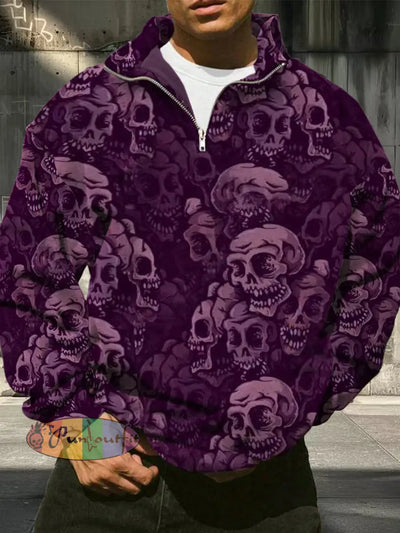 Men’s Retro Skull Pattern Printed Casual Fashion Half Zipper Stand Up Collar Long Sleeve Hoodie