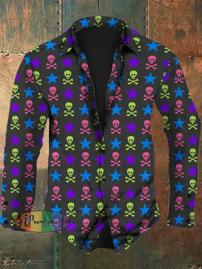 Men’s Retro Skull Print Casual Fashion Lapel Long Sleeved Shirt Black / S