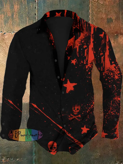 Men’s Retro Skull Print Casual Fashion Lapel Long Sleeved Shirt Black / S