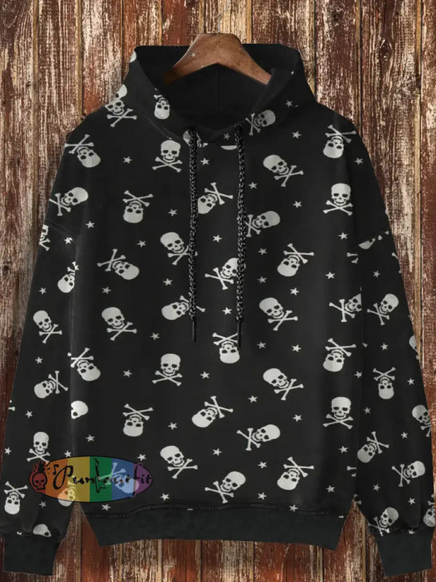 Men’s Retro Skull Print Casual Fashion Lapel Long Sleeved Shirt Hooded Sweatshirt / S