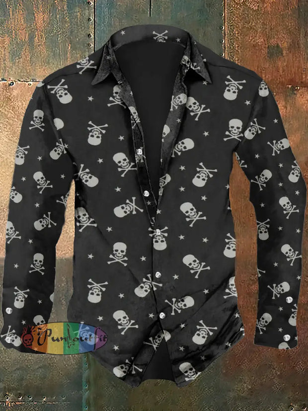 Men’s Retro Skull Print Casual Fashion Lapel Long Sleeved Shirt Long Sleeved Shirt / S