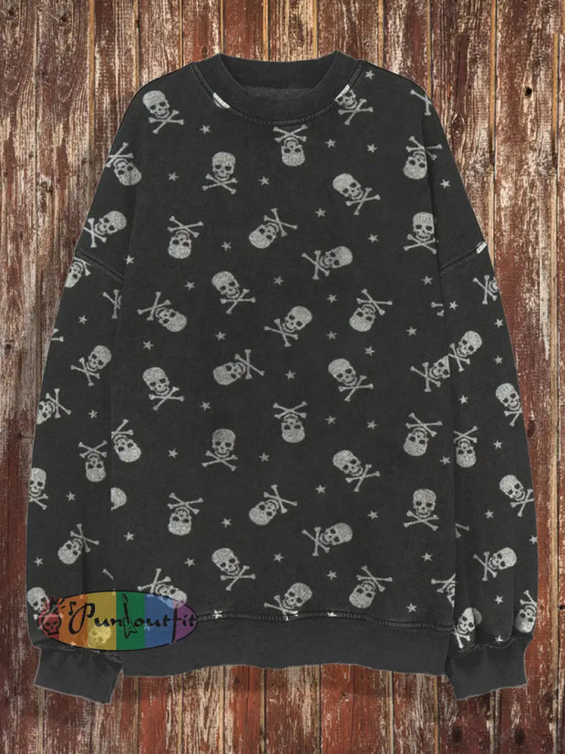 Men’s Retro Skull Print Casual Fashion Lapel Long Sleeved Shirt Sweatshirt / S