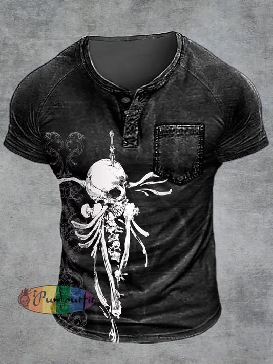 Men’s Retro Skull Print Raglan Short Sleeve Pocket T-Shirt Black / S
