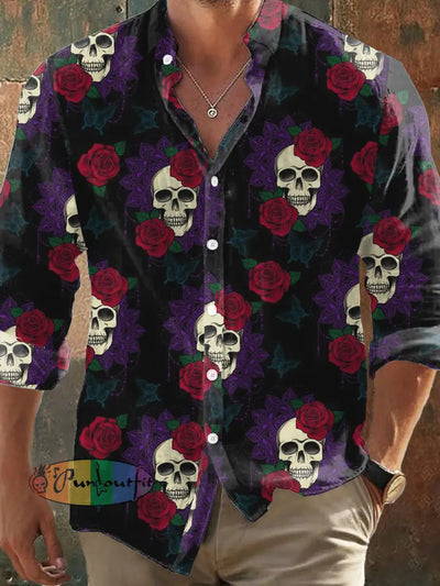 Men’s Retro Skull Rose Graphic Print Casual Shirt Long Sleeve Black / S