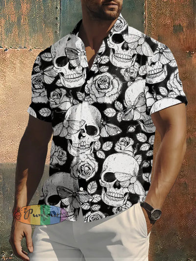 Men’s Retro Skull Rose Print Punk Style Short Sleeve Shirt Black / S