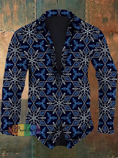 Men’s Retro Snowflake Pattern Design Printed Casual And Fashionable Lapel Long Sleeved Shirt Blue