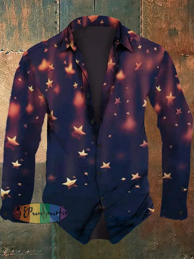 Men’s Retro Starry Sky Print Casual Fashion Lapel Long Sleeved Shirt Deep Purple / S