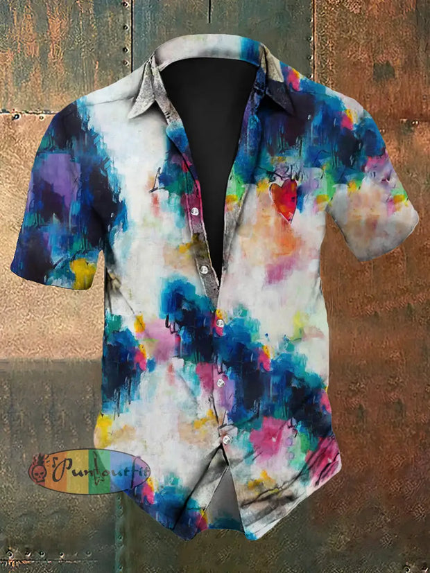 Men’s Retro Vintage Hippie Colourful Tie-Dye Heart Pattern Print Short-Sleeve Shirt As picture / S