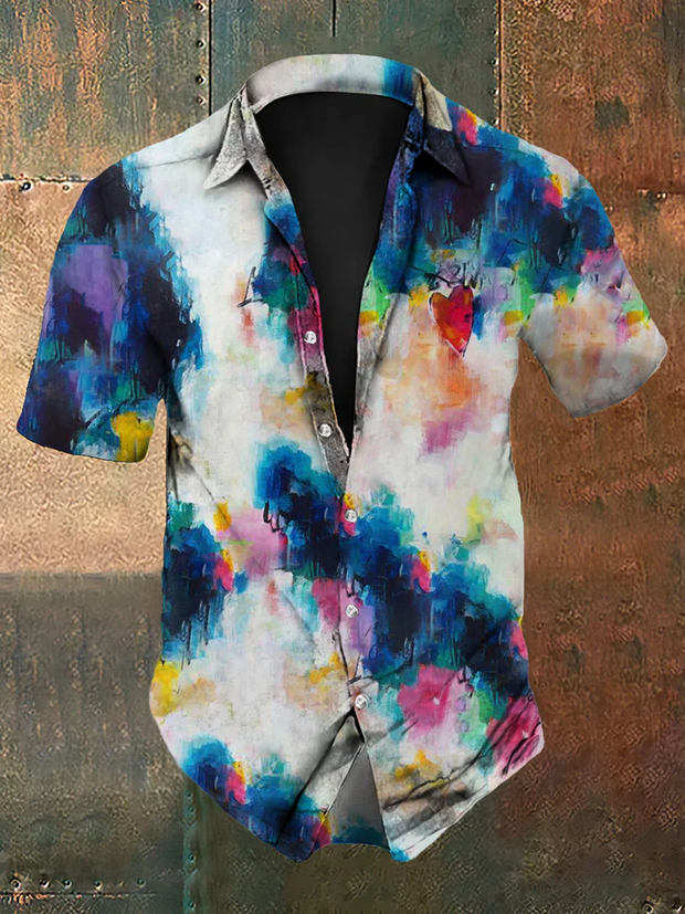 Unisex Men's Vintage Hippie Colorful Tie Dye Heart Designs Abstract Print Casual Long Sleeve Shirt