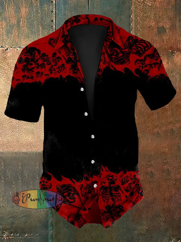 Men’s Retro Vintage Punk Dark Gradient Skulls Print Short-Sleeve Shirt Red / S